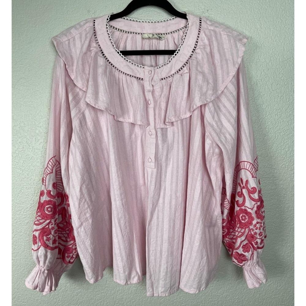 SAVANNA JANE Top Womens 1X Pink Floral Embroidered Ruffled‎ Blouse Peasant Boho